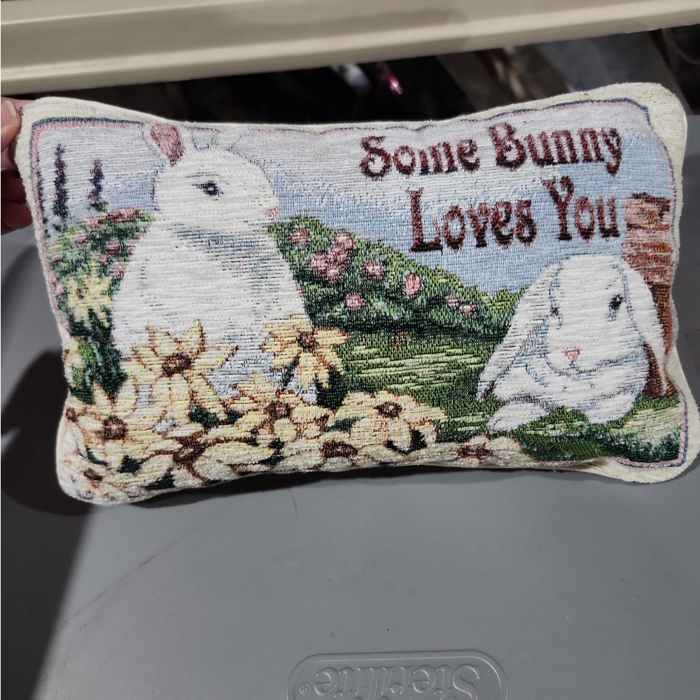 Vintage Some Bunny Loves You Accent Pillow - White, Green, Pink, Yellow